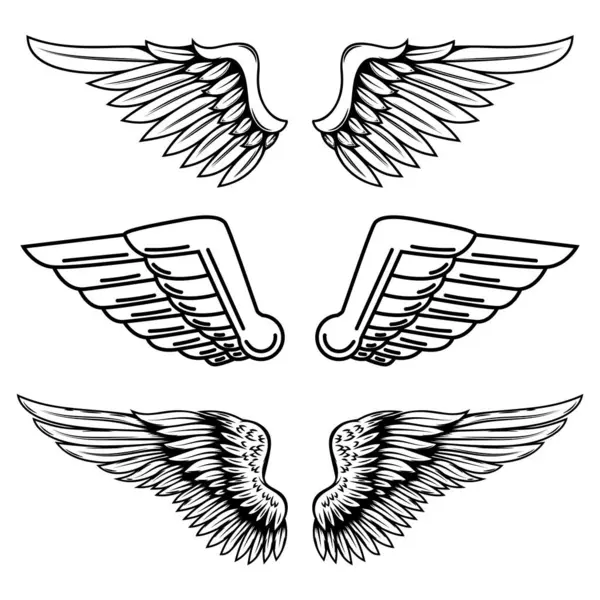 İşleme tarzında bir dizi kanat çizimi. Gotik stil kanat dövmesi. Logo, amblem ve işaret için tasarım elemanları. Vektör illüstrasyonu