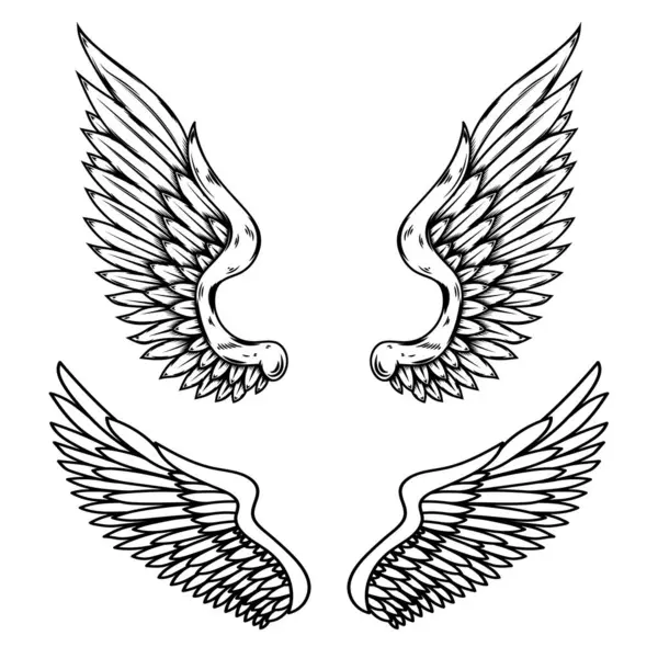 İşleme tarzında bir dizi kanat çizimi. Gotik stil kanat dövmesi. Logo, amblem ve işaret için tasarım elemanları. Vektör illüstrasyonu