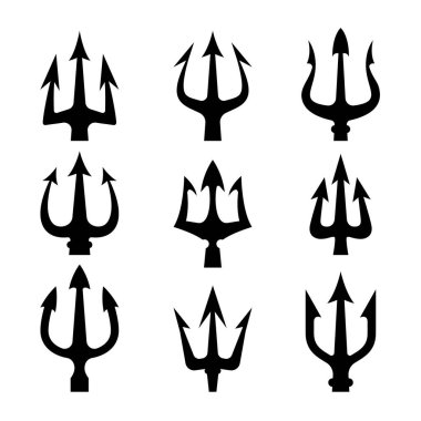 Üç çatallı mızrak seti. Neptün mızrağı. Logo, etiket, işaret, amblem, poster tasarımı. Vektör illüstrasyonu