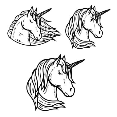 Tek boynuzlu at kafası çizimleri. Logo, amblem ve işaret için tasarım elemanları. Vektör illüstrasyonu