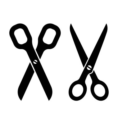 Bir makas çizimleri seti. Beyaz arkaplanda makas çizimi. Logo, amblem ve işaret için tasarım elemanları. Vektör illüstrasyonu