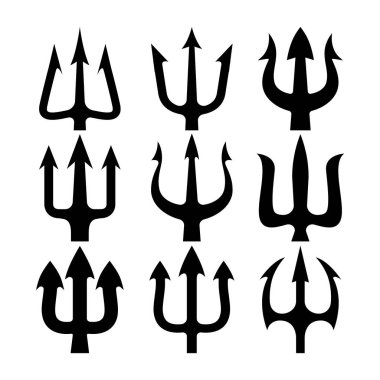 Üç çatallı mızrak seti. Neptün mızrağı. Logo, etiket, işaret, amblem, poster tasarımı. Vektör illüstrasyonu