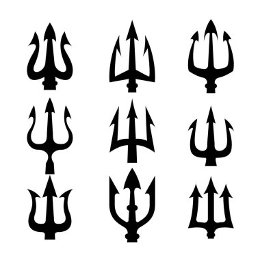 Üç çatallı mızrak seti. Neptün mızrağı. Logo, etiket, işaret, amblem, poster tasarımı. Vektör illüstrasyonu