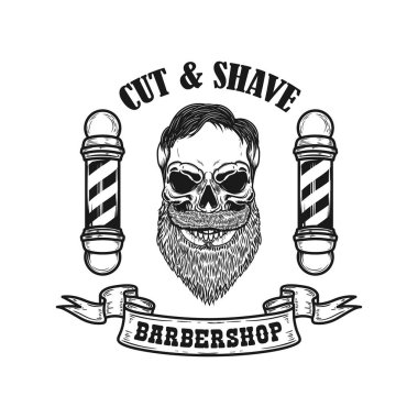 Berber dükkanı. Beyaz arka planda izole edilmiş sakallı kafatası tasviri. Berber dükkanı posteri, kartı, amblemi, imzası, etiketi için tasarım elemanı. Vektör illüstrasyonu