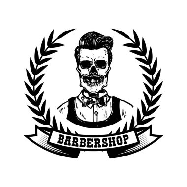 Berber dükkanı. Beyaz arka planda izole edilmiş sakallı kafatası tasviri. Berber dükkanı posteri, kartı, amblemi, imzası, etiketi için tasarım elemanı. Vektör illüstrasyonu