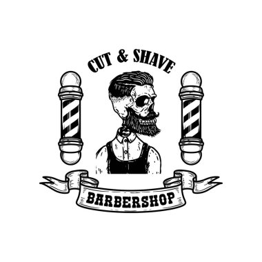 Berber dükkanı. Beyaz arka planda izole edilmiş sakallı kafatası tasviri. Berber dükkanı posteri, kartı, amblemi, imzası, etiketi için tasarım elemanı. Vektör illüstrasyonu