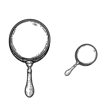 Vintage oymacılık tarzında büyüteç tasviri. Logo, amblem, işaret, poster, kart, pankart için tasarım elemanı. Vektör illüstrasyonu