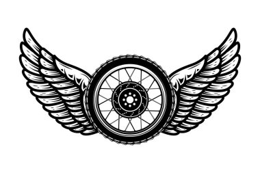 Beyaz arka planda kanatları olan motosiklet tekerleği. Logo, etiket, amblem ve işaret için tasarım elemanları. Vektör illüstrasyonu