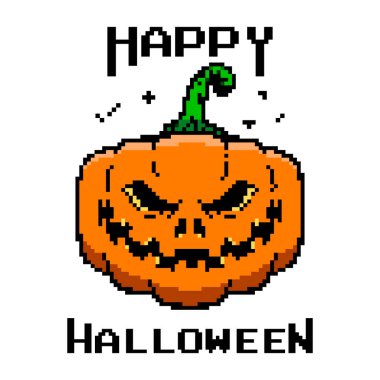 Beyaz arkaplanda izole edilmiş pikselli cadılar bayramı balkabağı ikonu. Vektör illüstrasyonu