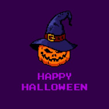 Beyaz arkaplanda izole edilmiş pikselli cadılar bayramı balkabağı ikonu. Vektör illüstrasyonu