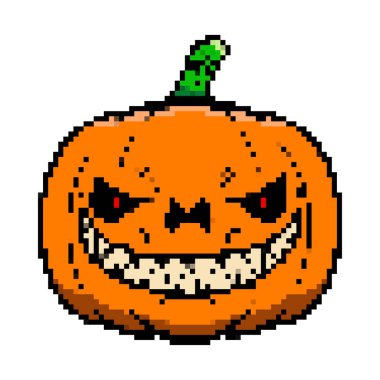 Beyaz arkaplanda izole edilmiş pikselli cadılar bayramı balkabağı ikonu. Vektör illüstrasyonu