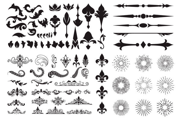 Цветущие декоративные элементы для ретро-дизайна. Украшения в виде узоров, завихрений, и процветает. Винтажные рамки, рамки и узоры для приглашений и сертификатов. Векторное множество.