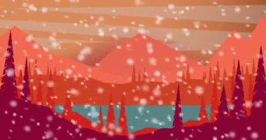 Animasyon arka plan, karlı kış aylarında dağlar. Dağ vadisinde kar yağışı. Çizgi film tarzı görüntüler