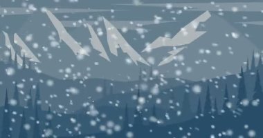 Animasyon arka plan, karlı kış aylarında dağlar. Dağ vadisinde kar yağışı. Çizgi film tarzı görüntüler