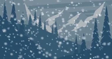 Animasyon arka plan, karlı kış aylarında dağlar. Dağ vadisinde kar yağışı. Çizgi film tarzı görüntüler