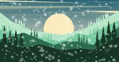 Animasyon arka plan, karlı kış aylarında dağlar. Dağ vadisinde kar yağışı. Çizgi film tarzı görüntüler