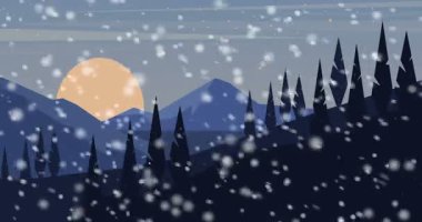 Animasyon arka plan, karlı kış aylarında dağlar. Dağ vadisinde kar yağışı. Çizgi film tarzı görüntüler