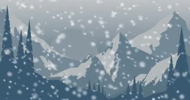 Animasyon arka plan, karlı kış aylarında dağlar. Dağ vadisinde kar yağışı. Çizgi film tarzı görüntüler