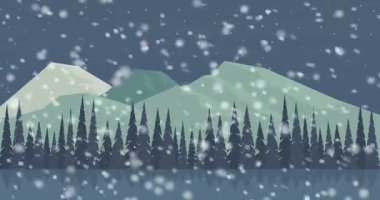 Animasyon arka plan, karlı kış aylarında dağlar. Dağ vadisinde kar yağışı. Çizgi film tarzı görüntüler