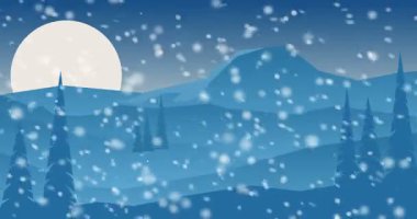 Animasyon arka plan, karlı kış aylarında dağlar. Dağ vadisinde kar yağışı. Çizgi film tarzı görüntüler