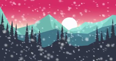 Animasyon arka plan, karlı kış aylarında dağlar. Dağ vadisinde kar yağışı. Çizgi film tarzı görüntüler