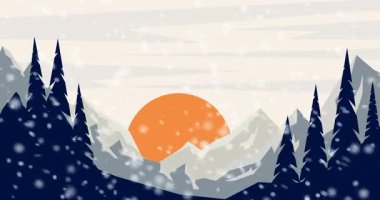 Animasyon arka plan, karlı kış aylarında dağlar. Dağ vadisinde kar yağışı. Çizgi film tarzı görüntüler