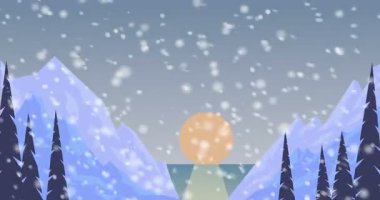Animasyon arka plan, karlı kış aylarında dağlar. Dağ vadisinde kar yağışı. Çizgi film tarzı görüntüler