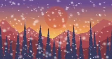 Animasyon arka plan, karlı kış aylarında dağlar. Dağ vadisinde kar yağışı. Çizgi film tarzı görüntüler