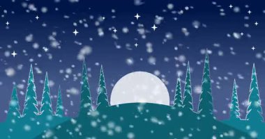 Animasyon arka plan, karlı kış aylarında dağlar. Dağ vadisinde kar yağışı. Çizgi film tarzı görüntüler