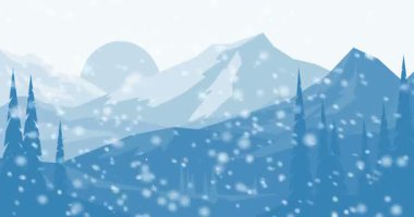 Animasyon arka plan, karlı kış aylarında dağlar. Dağ vadisinde kar yağışı. Çizgi film tarzı görüntüler