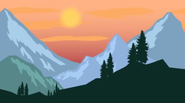 Animasyon karikatür arka planı. Çam ağaçlarıyla çevrili dağ manzarası animasyonu. Paraleks efektli düz görüntü. yan görünüm