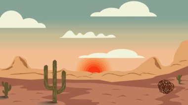 Animasyon karikatür arka planı. Çöl manzarasının kaktüslü hali. Paraleks efektli düz görüntü. yan görünüm