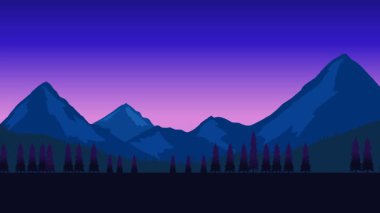Animasyon karikatür arka planı. Çam ağaçlarıyla çevrili dağ manzarası animasyonu. Paraleks efektli düz görüntü. yan görünüm