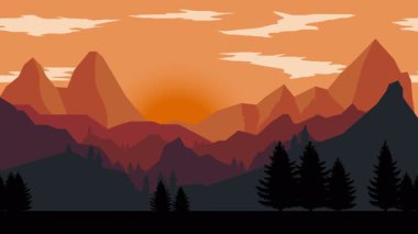 Animasyon karikatür arka planı. Çam ağaçlarıyla çevrili dağ manzarası animasyonu. Paraleks efektli düz görüntü. yan görünüm