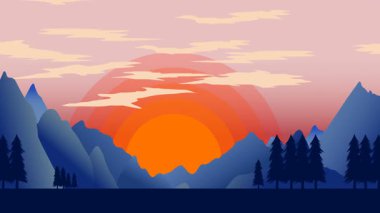 Animasyon karikatür arka planı. Çam ağaçlarıyla çevrili dağ manzarası animasyonu. Paraleks efektli düz görüntü. yan görünüm