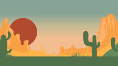 Animasyon karikatür arka planı. Çöl manzarasının kaktüslü hali. Paraleks efektli düz görüntü. yan görünüm