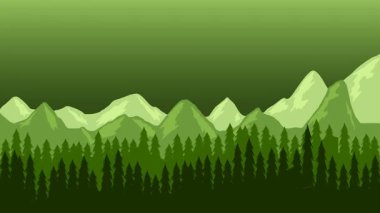 Animasyon karikatür arka planı. Çam ağaçlarıyla çevrili dağ manzarası animasyonu. Paraleks efektli düz görüntü. yan görünüm