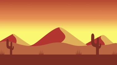 Animasyon karikatür arka planı. Çöl manzarasının kaktüslü hali. Paraleks efektli düz görüntü. yan görünüm