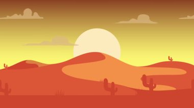 Animasyon karikatür arka planı. Çöl manzarasının kaktüslü hali. Paraleks efektli düz görüntü. yan görünüm