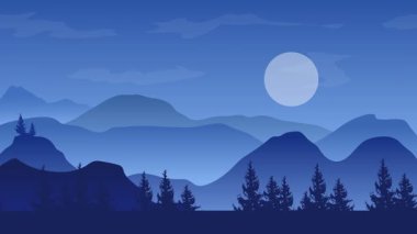 Animasyon karikatür arka planı. Çam ağaçlarıyla çevrili dağ manzarası animasyonu. Paraleks efektli düz görüntü. yan görünüm