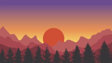 Animasyon karikatür arka planı. Çam ağaçlarıyla çevrili dağ manzarası animasyonu. Paraleks efektli düz görüntü. yan görünüm