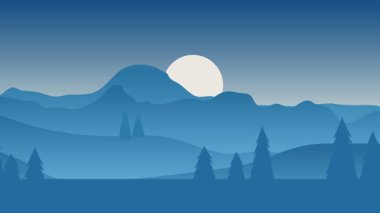 Animasyon karikatür arka planı. Çam ağaçlarıyla çevrili dağ manzarası animasyonu. Paraleks efektli düz görüntü. yan görünüm