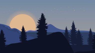 Animasyon karikatür arka planı. Çam ağaçlarıyla çevrili dağ manzarası animasyonu. Paraleks efektli düz görüntü. yan görünüm