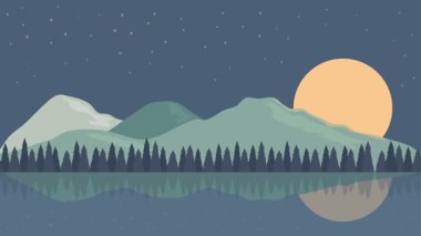 Animasyon karikatür arka planı. Çam ağaçlarıyla çevrili dağ manzarası animasyonu. Paraleks efektli düz görüntü. yan görünüm