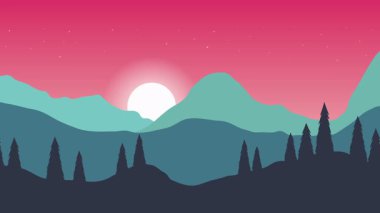 Animasyon karikatür arka planı. Çam ağaçlarıyla çevrili dağ manzarası animasyonu. Paraleks efektli düz görüntü. yan görünüm