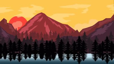 Animasyon karikatür arka planı. Çam ağaçlarıyla çevrili dağ manzarası animasyonu. Paraleks efektli düz görüntü. yan görünüm