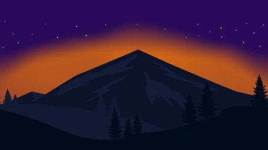 Animasyon karikatür arka planı. Çam ağaçlarıyla çevrili dağ manzarası animasyonu. Paraleks efektli düz görüntü. yan görünüm