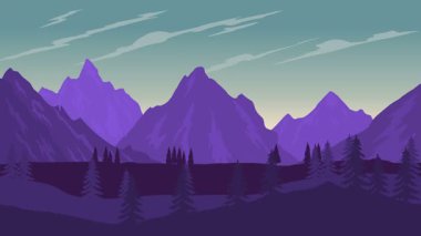 Animasyon karikatür arka planı. Çam ağaçlarıyla çevrili dağ manzarası animasyonu. Paraleks efektli düz görüntü. yan görünüm