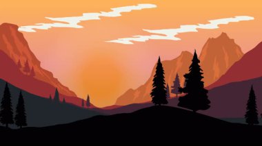 Animasyon karikatür arka planı. Çam ağaçlarıyla çevrili dağ manzarası animasyonu. Paraleks efektli düz görüntü. yan görünüm