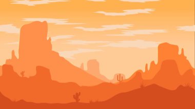 Animasyon karikatür arka planı. Çöl manzarasının kaktüslü hali. Paraleks efektli düz görüntü. yan görünüm